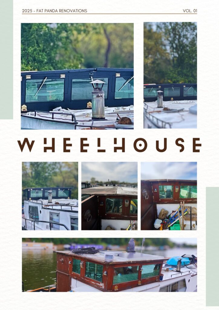 Before and after photos of Fat Panda wheelhouse renovation, showing original Dutch barge exterior.